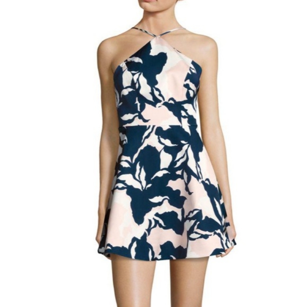 Electric Dreams Navy Blue & Pink Floral High Neck/Halter Neck Skater Dress